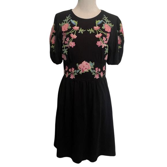 ASOS Design Embroidered Dress Womens Size 6 Black Knit Floral LBD Mini Boho - Picture 2 of 12
